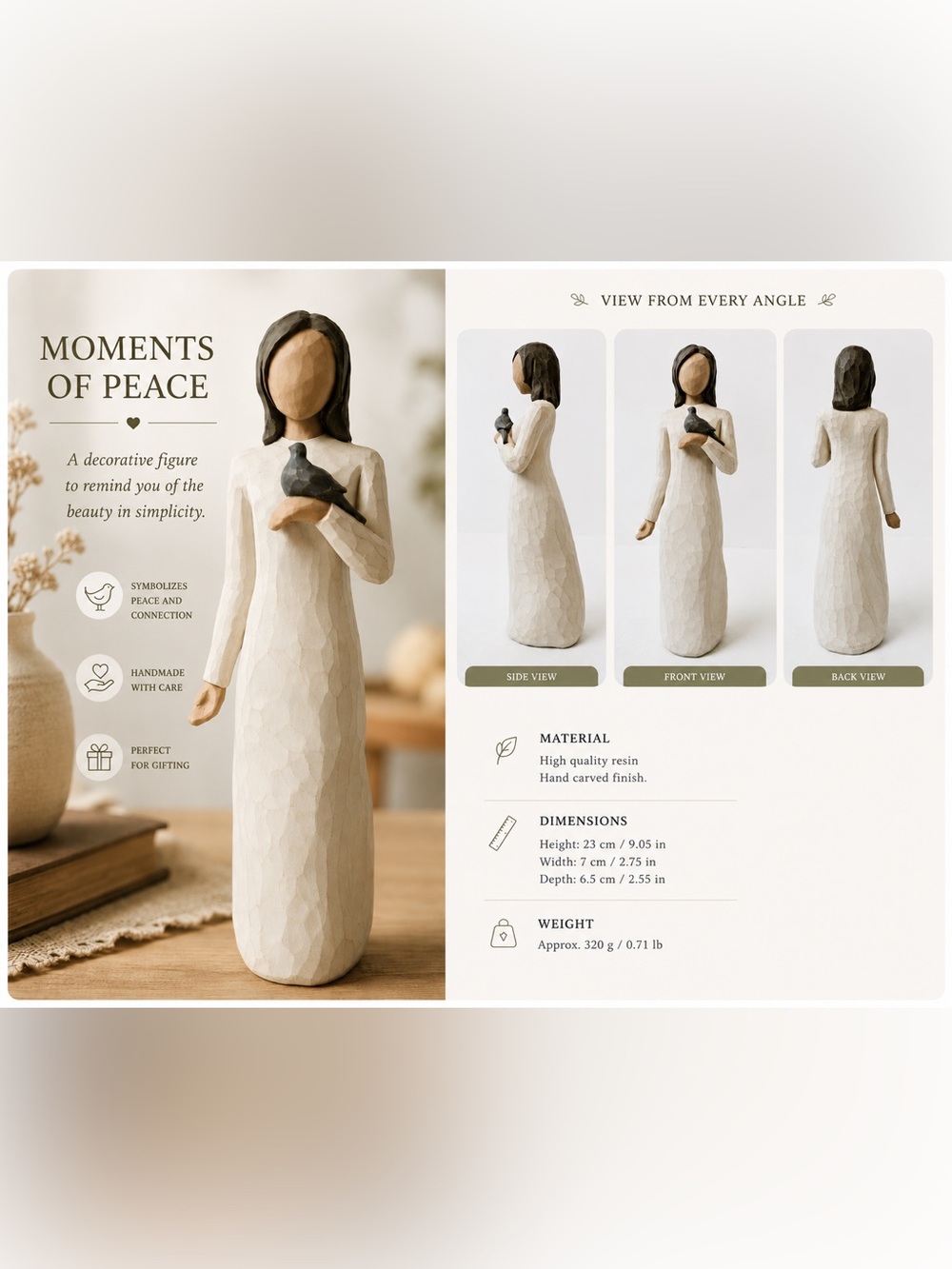 Willow Tree-Style White Resin Figurine with Black Bird